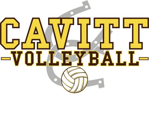 Logo of cavitt volleyball with a volleyball and some horseshoes indicating the mascot in the  background. 