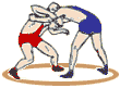 Caricature of men wrestling that moves and shows a wrestling throw. 